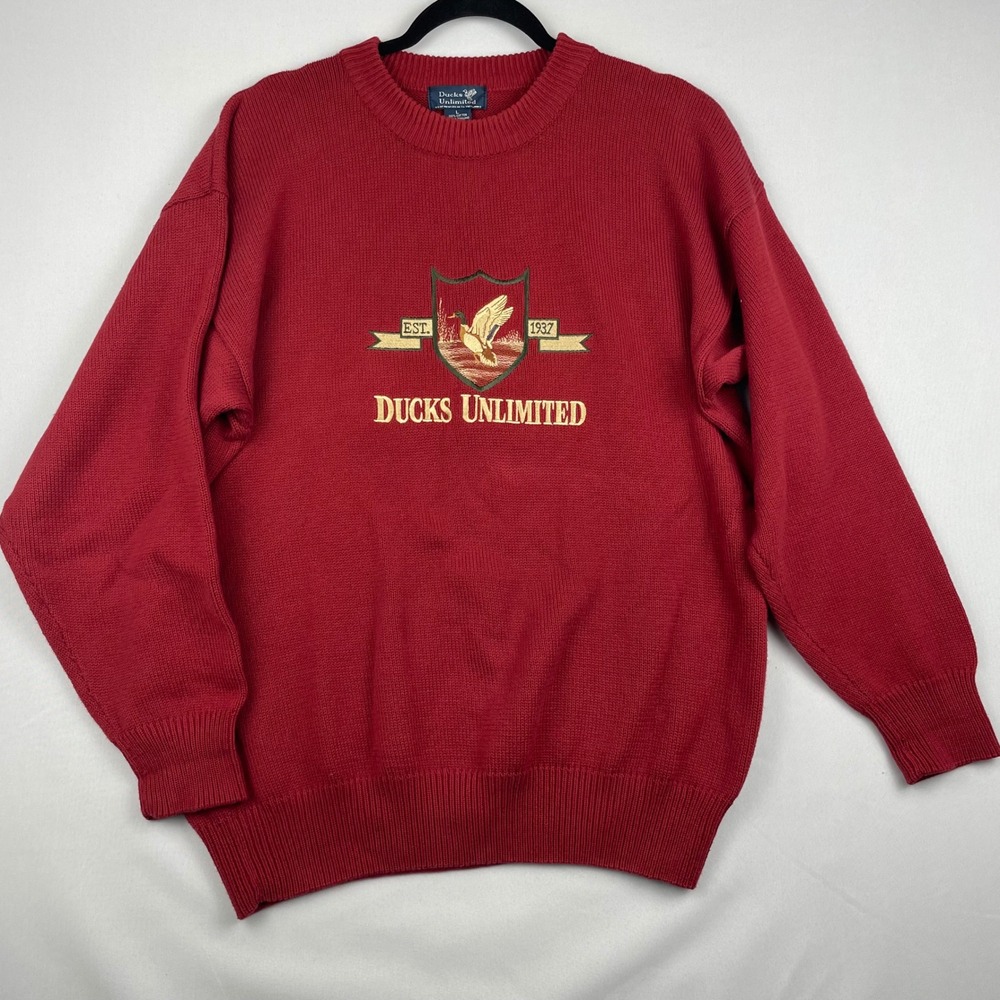 Vintage Ducks Unlimited Red Cotton Knit Crewneck Sweater Mens Large Embroidered